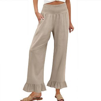 Wide Leg Cropped Pants Women Summer Casual High Elastic Waist Ruffle Hem Capris with Pockets