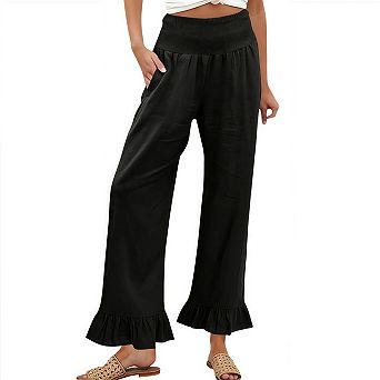 Wide Leg Cropped Pants Women Summer Casual High Elastic Waist Ruffle Hem Capris with Pockets