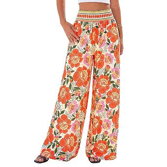 Women's Boho Floral Bagyy Pants Wide Leg Smocked Waist Loose Palazzo with Pockets