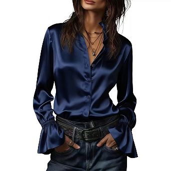 Satin Blouses for Women Silk Button Down Shirts Ruffle Long Sleeve Business Casual Tops