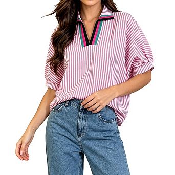 Women's Striped V Neck Color Block Collar Puff Cuffed Short Sleeves Blouse