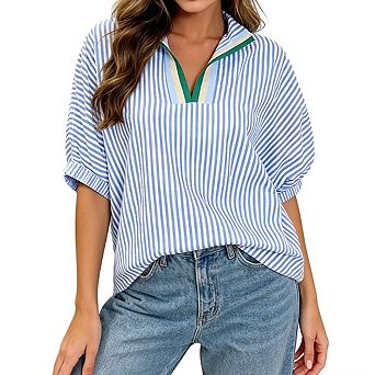 Women's Striped V Neck Color Block Collar Puff Cuffed Short Sleeves Blouse