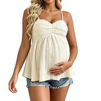 Maternity Spaghetti Strap V Neck Ruffled Textured Peplum Camisole Top With Adjustable Straps