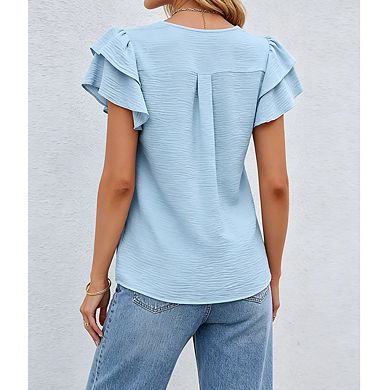 Women's V Neck Double Layer Ruffle Short Sleeve Loose Fit Casual Blouse