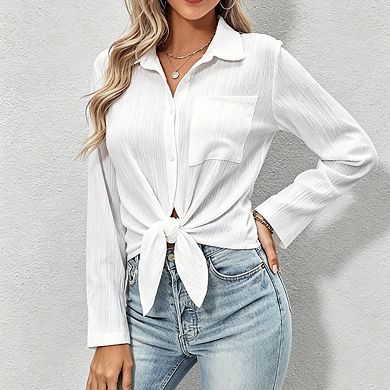 Women's Collar Long Sleeve Textured Button Down Shirt With Front Pocket Tie Front Detail