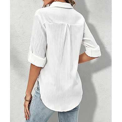 Women's Collar Long Sleeve Textured Button Down Shirt With Front Pocket Tie Front Detail