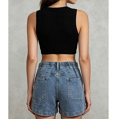 Women's High Waist Elastic Drawstring Casual Denim Shorts With Pockets