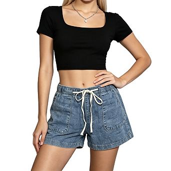 Women's High Waist Elastic Drawstring Casual Denim Shorts With Pockets