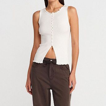 Women Ribbed Button Down Tank Tops Sleeveless Crew Neck Slim Fit Open Front Crop Vest