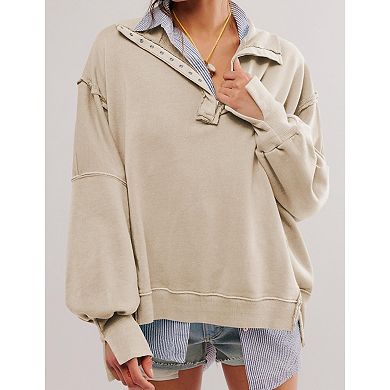 Women Oversized Polo Half Button Jacket Batwing Lantern Long Sleeve Side Split Loose Casual Pullover
