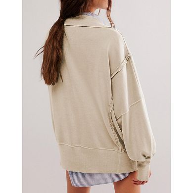 Women Oversized Polo Half Button Jacket Batwing Lantern Long Sleeve Side Split Loose Casual Pullover