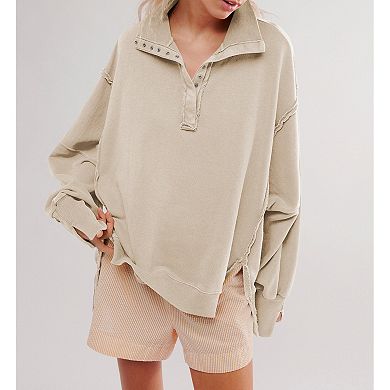 Women Oversized Polo Half Button Jacket Batwing Lantern Long Sleeve Side Split Loose Casual Pullover