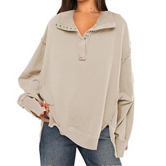 Women Oversized Polo Half Button Jacket Batwing Lantern Long Sleeve Side Split Loose Casual Pullover
