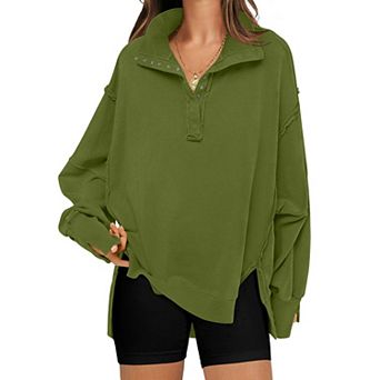 Women Oversized Polo Half Button Jacket Batwing Lantern Long Sleeve Side Split Loose Casual Pullover