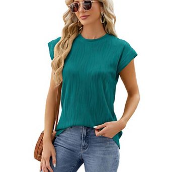 Women Cap Sleeve Textured Wave Pleat Blouse Round Neck Casual Loose Summer Vacation Blouses