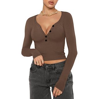 Women's Henley Long Sleeve Crop Top, Partial Button V Neck Stretch Fitted Knit Layering T Shirt
