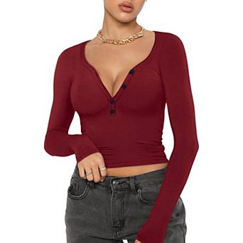 Women's Henley Long Sleeve Crop Top, Partial Button V Neck Stretch Fitted Knit Layering T Shirt