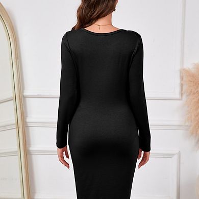 Womens Maternity Solid Color Long Sleeve Cut Out Bodycon Midi Dress
