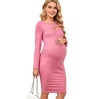 Womens Maternity Solid Color Long Sleeve Cut Out Bodycon Midi Dress