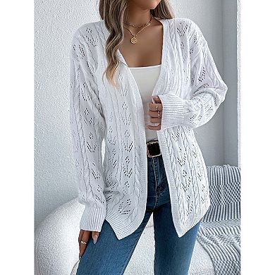 Women's Open Knit V-Neck Cardigan Long Sleeve Hollow Out Button Front Sweater