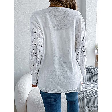 Women's Open Knit V-Neck Cardigan Long Sleeve Hollow Out Button Front Sweater