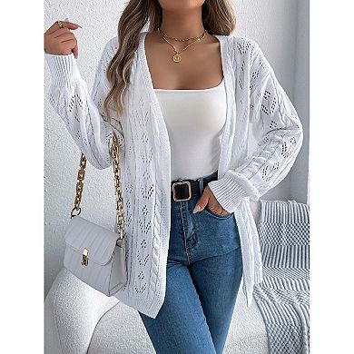 Women's Open Knit V-Neck Cardigan Long Sleeve Hollow Out Button Front Sweater