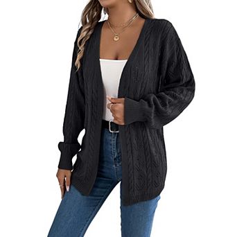 Women's Open Knit V-Neck Cardigan Long Sleeve Hollow Out Button Front Sweater