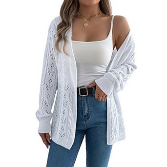 Women's Open Knit V-Neck Cardigan Long Sleeve Hollow Out Button Front Sweater