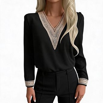 Women's Hollow Lace V Neck Long Sleeve Blouse, Contrast Lace Cuff Satin Dressy Work Shirt