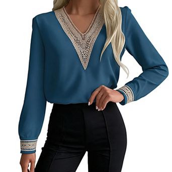 Women's Hollow Lace V Neck Long Sleeve Blouse, Contrast Lace Cuff Satin Dressy Work Shirt