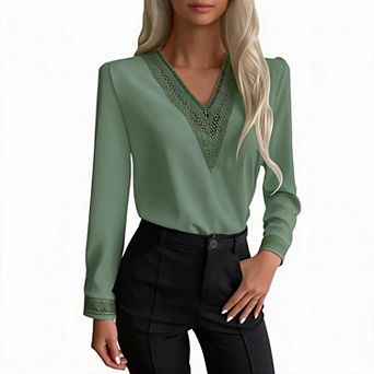 Women's Hollow Lace V Neck Long Sleeve Blouse, Contrast Lace Cuff Satin Dressy Work Shirt