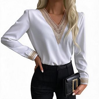 Women's Hollow Lace V Neck Long Sleeve Blouse, Contrast Lace Cuff Satin Dressy Work Shirt