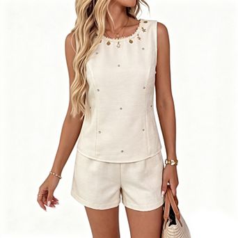 Women's Crew Neck Sleeveless Summer Casual Tank Top Wide Leg Shorts 2 pc Outfit Set