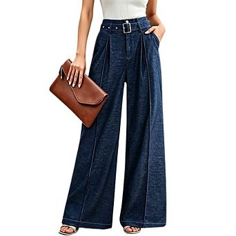 Women's Belted High Waist Pleated Wide Leg Denim Pants Straight Business Casual Dresssy Suit Trouser