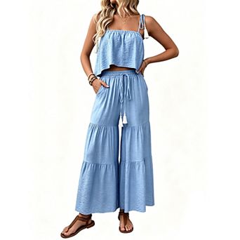 Women's Tassel Tie Spaghetti Strap Crop Cami Tiered Wide Leg Pants Summer Casual 2 pc Outfit Set