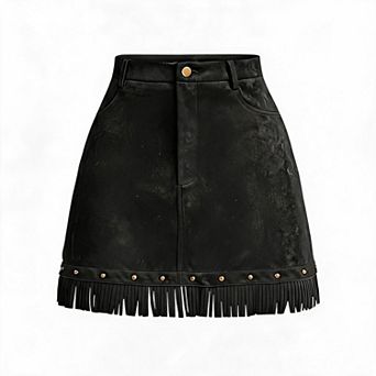 Women High Waist Faux Suede Mini Skirt Western Fringe Hem A-Line Casual Skirt