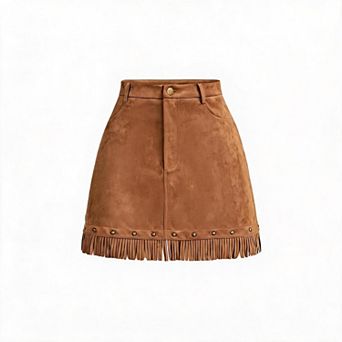 Women High Waist Faux Suede Mini Skirt Western Fringe Hem A-Line Casual Skirt