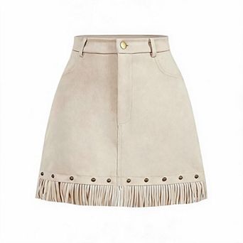 Women High Waist Faux Suede Mini Skirt Western Fringe Hem A-Line Casual Skirt