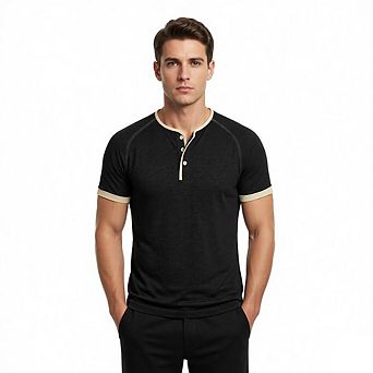 Men's Contrast Trim Raglan Short Sleeve Henley T Shirt 3 Button Placket Casual Summer Tees