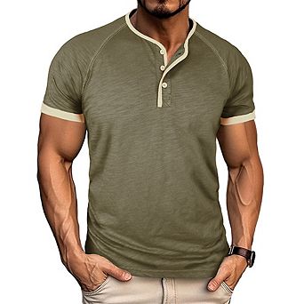 Men's Contrast Trim Raglan Short Sleeve Henley T Shirt 3 Button Placket Casual Summer Tees