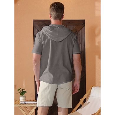 Men's Linen Blend Hooded Short Sleeve Shirt Button Down Drawstring Hood Casual Beach Top