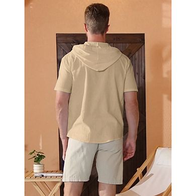 Men's Linen Blend Hooded Short Sleeve Shirt Button Down Drawstring Hood Casual Beach Top