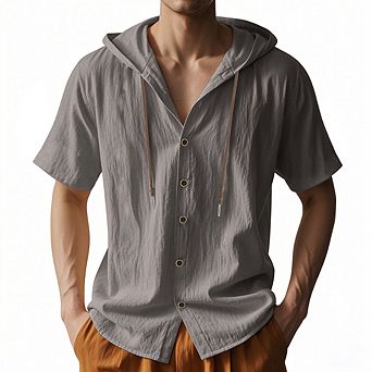 Men's Linen Blend Hooded Short Sleeve Shirt Button Down Drawstring Hood Casual Beach Top