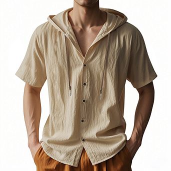 Men's Linen Blend Hooded Short Sleeve Shirt Button Down Drawstring Hood Casual Beach Top