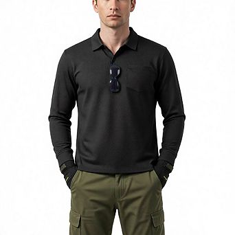 Men's Quick Dry Long Sleeve Polo Shirt Chest Pocket Breathable Outdoor Work Golf Top