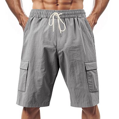 Men's Lightweight Cargo Shorts Elastic Drawstring Waist Multi Pockets Summer Knee Casual Shorts