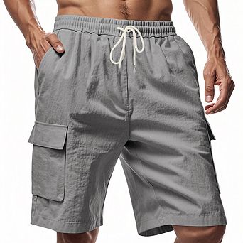 Men's Lightweight Cargo Shorts Elastic Drawstring Waist Multi Pockets Summer Knee Casual Shorts