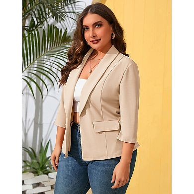 Women Plus Size Open Front Shawl Collar Blazer 3/4 Sleeve Lightweight Business Casual Suit Jacket