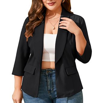 Women Plus Size Open Front Shawl Collar Blazer 3/4 Sleeve Lightweight Business Casual Suit Jacket