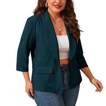 Women Plus Size Open Front Shawl Collar Blazer 3/4 Sleeve Lightweight Business Casual Suit Jacket